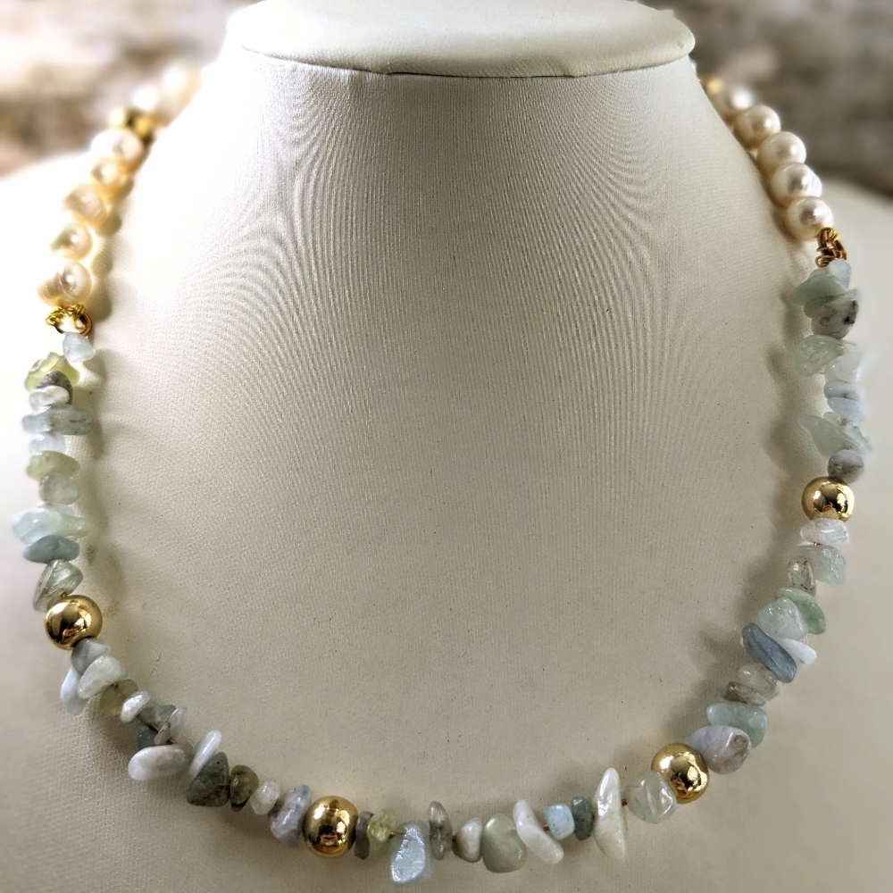 Natural Aquamarine Chip Beads & Freshwater Pearl Necklace